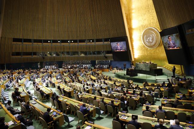 (260908) -- UNITED NATIONS, Sept. 8, 2026 (Xinhua) -- Photo taken on Sept. 8, 2026 shows the scene of the 81st session of the UN General Assembly at the UN headquarters in New York. The 81st session of the UN General Assembly (UNGA) was declared open by Khalilur Rahman, the new president of the General Assembly, on Tuesday. (Xinhua/Zhang Fengguo)