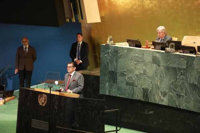 (260908) -- UNITED NATIONS, Sept. 8, 2026 (Xinhua) -- Khalilur Rahman, president of the 81st session of the UN General Assembly (UNGA), speaks at the opening of the 81st session of the UNGA at the UN headquarters in New York, Sept. 8, 2026. The 81st session of the UN General Assembly (UNGA) was declared open by Khalilur Rahman, the new president of the General Assembly, on Tuesday. (Xinhua/Zhang Fengguo)