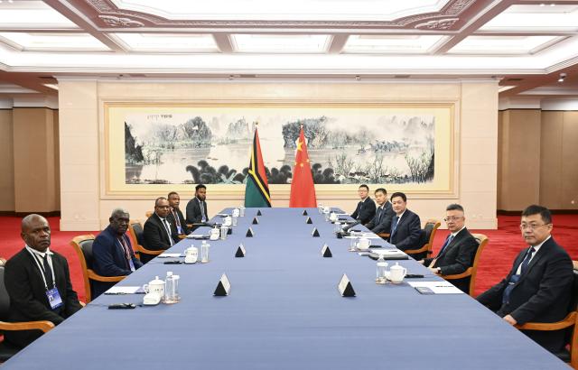 (260908) -- BEIJING, Sept. 8, 2026 (Xinhua) -- Chinese State Councilor and Minister of Public Security Wang Xiaohong meets with Vanuatu's Minister of Internal Affairs Andrew Napuat in Beijing, capital of China, Sept. 8, 2026. (Xinhua/Zhang Ling)