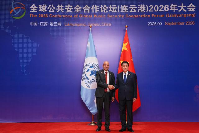 (260908) -- BEIJING, Sept. 8, 2026 (Xinhua) -- Chinese State Councilor and Minister of Public Security Wang Xiaohong meets with International Criminal Police Organization (Interpol) President Lucas Philippe in Lianyungang, east China's Jiangsu Province, Sept. 8, 2026. (Xinhua/Li Bo)