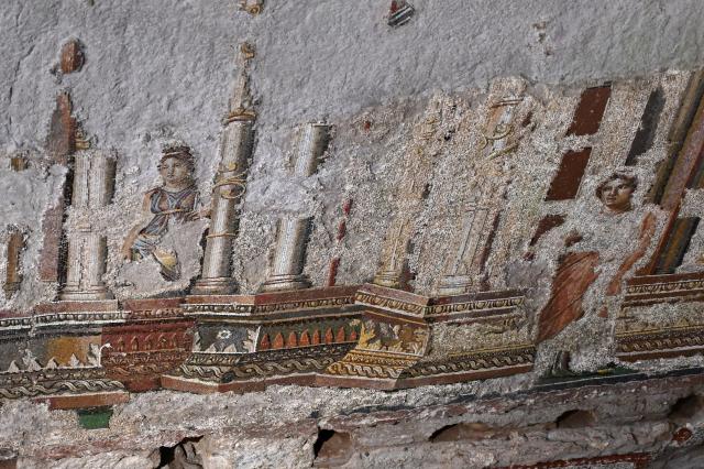 (260909) -- ROME, Sept. 9, 2026 (Xinhua) -- This photo taken on Sept. 8, 2026 shows a view of the "Great Mosaic", part of first-century AD decorations unveiled following the restoration work in the underground gallery and southwestern exedra of the Baths of Trajan, an ancient Roman bath complex, in Rome, Italy. (Photo by Alberto Lingria/Xinhua)