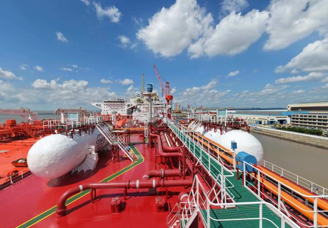 (260909) -- QIDONG, Sept. 9, 2026 (Xinhua) -- A drone photo taken on Sept. 8, 2026 shows a partial view of the Chang Ping Yuan, a very large gas carrier (VLGC), at a port of COSCO Shipping (Qidong) Offshore Co., Ltd. in Qidong, east China's Jiangsu Province. The independently designed and built 88,000-cubic-meter very large gas carrier (VLGC) "Chang Ping Yuan" was delivered on Tuesday. The vessel is 230 meters in length and has a moulded depth of 23.85 meters. (Photo by Xu Congjun/Xinhua)