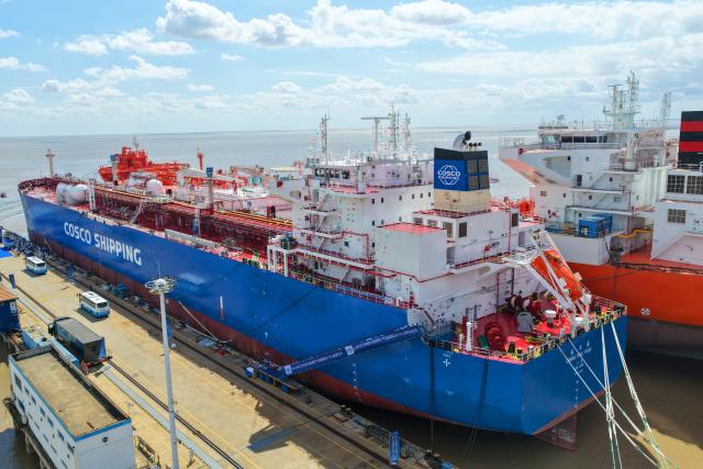 (260909) -- QIDONG, Sept. 9, 2026 (Xinhua) -- A drone photo taken on Sept. 8, 2026 shows the Chang Ping Yuan, a very large gas carrier (VLGC), at a port of COSCO Shipping (Qidong) Offshore Co., Ltd. in Qidong, east China's Jiangsu Province. The independently designed and built 88,000-cubic-meter very large gas carrier (VLGC) "Chang Ping Yuan" was delivered on Tuesday. The vessel is 230 meters in length and has a moulded depth of 23.85 meters. (Photo by Xu Congjun/Xinhua)
