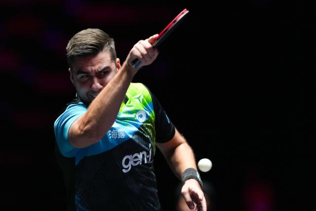 (260909) -- MACAO, Sept. 9, 2026 (Xinhua) -- Darko Jorgic of Slovenia competes during the men's singles round of 32 match against Feng Yi-Hsin of Chinese Taipei at the 2026 World Table Tennis (WTT) Champions Macao in Macao, south China, Sept. 9, 2026. (Xinhua/Cheong Kam Ka)