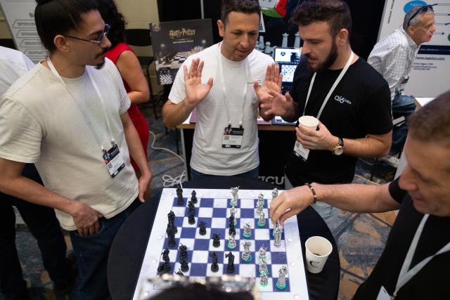 (260909) -- TEL AVIV, Sept. 9, 2026 (Xinhua) -- This photo taken on Sept. 8, 2026 shows an AI-powered chess set at Israel's First National Physical AI Conference in Tel Aviv, Israel. Driven by artificial intelligence, the chess pieces move on their own. Israel's first National Physical AI Conference, hosted by Israel's National AI Directorate, was held here on Tuesday, showcasing physical AI applications across industry, medicine, entertainment, infrastructure, and defense under the theme "Artificial Intelligence Moving from the Screen to the Physical World." (Xinhua/Chen Junqing)