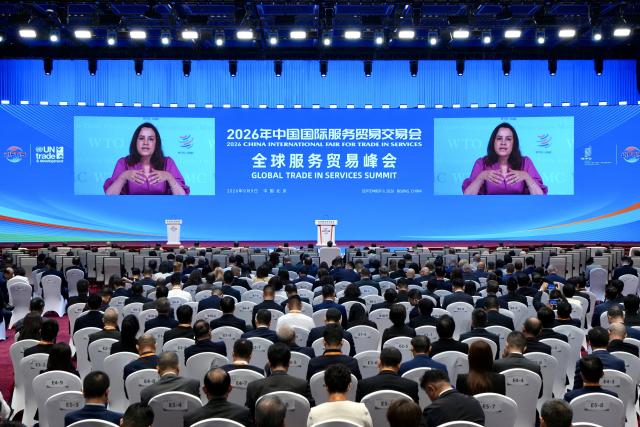 (260909) -- BEIJING, Sept. 9, 2026 (Xinhua) -- Johanna Hill, deputy director-general of the World Trade Organization (WTO), delivers a video address during the Global Trade in Services Summit of the 2026 China International Fair for Trade in Services (CIFTIS) in Beijing, capital of China, Sept. 9, 2026. The summit opened here on Wednesday. (Xinhua/Zhang Xiaoyu)