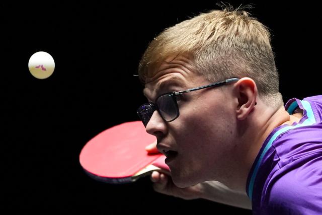 (260909) -- MACAO, Sept. 9, 2026 (Xinhua) -- Alexis Lebrun serves during the men's singles round of 32 match between Manav Thakkar of India and Alexis Lebrun of France at the 2026 World Table Tennis (WTT) Champions Macao in Macao, south China, Sept. 9, 2026. (Xinhua/Cheong Kam Ka)