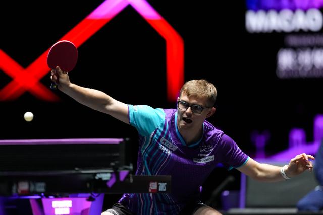 (260909) -- MACAO, Sept. 9, 2026 (Xinhua) -- Alexis Lebrun hits a return during the men's singles round of 32 match between Manav Thakkar of India and Alexis Lebrun of France at the 2026 World Table Tennis (WTT) Champions Macao in Macao, south China, Sept. 9, 2026. (Xinhua/Cheong Kam Ka)