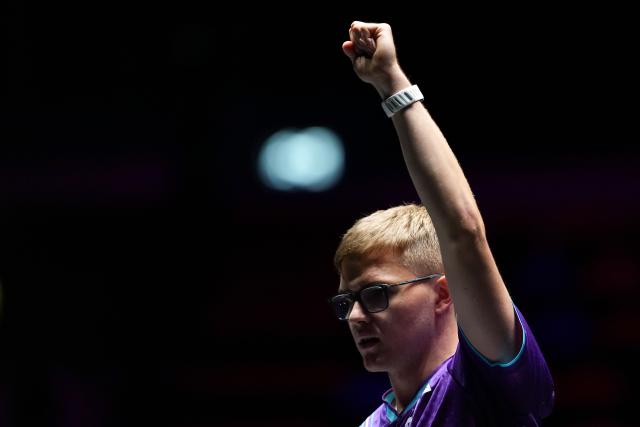 (260909) -- MACAO, Sept. 9, 2026 (Xinhua) -- Alexis Lebrun reacts during the men's singles round of 32 match between Manav Thakkar of India and Alexis Lebrun of France at the 2026 World Table Tennis (WTT) Champions Macao in Macao, south China, Sept. 9, 2026. (Xinhua/Cheong Kam Ka)