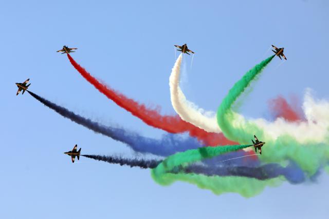 (260909) -- EL DABAA, Sept. 9, 2026 (Xinhua) -- The United Arab Emirates (UAE) aerobatic team "Fursan Al Emarat" performs during the El Alamein International Airshow at El Alamein International Airport in El Dabaa, Egypt, Sept. 9, 2026. The second edition of the El Alamein International Airshow kicked off at El Alamein International Airport in El Dabaa, Egypt on Tuesday. 
The three-day event features aircraft exhibitions, flying displays, and an exhibition of aerospace, defense, and space products and services, according to the show's official website. (Xinhua/Ahmed Gomaa)