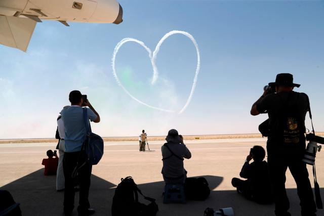 (260909) -- EL DABAA, Sept. 9, 2026 (Xinhua) -- The United Arab Emirates (UAE) aerobatic team "Fursan Al Emarat" performs during the El Alamein International Airshow at El Alamein International Airport in El Dabaa, Egypt, Sept. 9, 2026. The second edition of the El Alamein International Airshow kicked off at El Alamein International Airport in El Dabaa, Egypt on Tuesday. 
The three-day event features aircraft exhibitions, flying displays, and an exhibition of aerospace, defense, and space products and services, according to the show's official website. (Xinhua/Ahmed Gomaa)