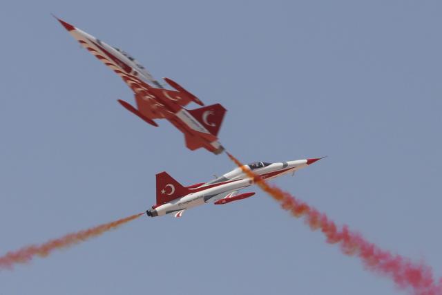 (260909) -- EL DABAA, Sept. 9, 2026 (Xinhua) -- Turkish Air Force aerobatic team "Turkish Stars" performs during the El Alamein International Airshow at El Alamein International Airport in El Dabaa, Egypt, Sept. 9, 2026. The second edition of the El Alamein International Airshow kicked off at El Alamein International Airport in El Dabaa, Egypt on Tuesday. 
The three-day event features aircraft exhibitions, flying displays, and an exhibition of aerospace, defense, and space products and services, according to the show's official website. (Xinhua/Ahmed Gomaa)