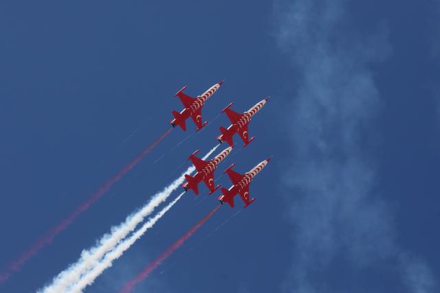 (260909) -- EL DABAA, Sept. 9, 2026 (Xinhua) -- Turkish Air Force aerobatic team "Turkish Stars" performs during the El Alamein International Airshow at El Alamein International Airport in El Dabaa, Egypt, Sept. 9, 2026. The second edition of the El Alamein International Airshow kicked off at El Alamein International Airport in El Dabaa, Egypt on Tuesday. 
The three-day event features aircraft exhibitions, flying displays, and an exhibition of aerospace, defense, and space products and services, according to the show's official website. (Xinhua/Ahmed Gomaa)