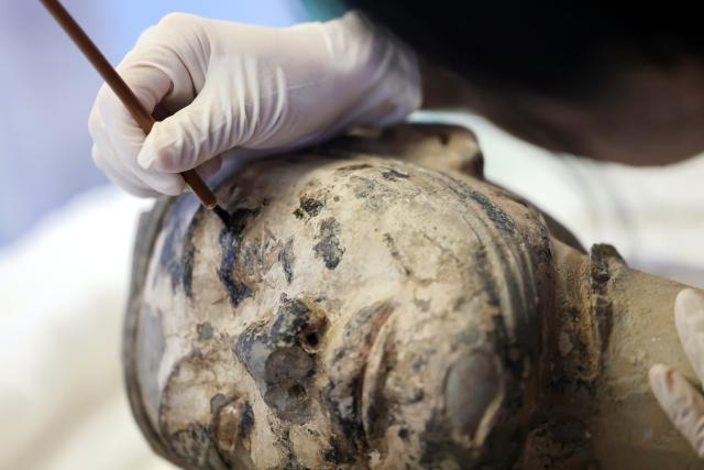(260909) -- XI'AN, Sept. 9, 2026 (Xinhua) -- A restoration specialist conserves the paint on the head of a terracotta warrior at the on-site conservation lab of the Pit No.1 of the Emperor Qinshihuang's Mausoleum Site Museum in Xi'an, northwest China's Shaanxi Province, Sept. 3, 2026.
  At the world-famous Terracotta Warriors site in Xi'an, visitors can now witness a once behind-the-scenes process -- experts meticulously restoring over 2,000-year-old clay soldiers. At the newly launched conservation lab in Pit No. 1, specialists piece fragmented pottery together manually, reviving scattered relics into solemn and life-size warriors.
  The lab officially opened in 2024, celebrating the 50th anniversary of the discovery and excavation of the iconic Terracotta Warriors. A professional excavation and preservation facility in Pit No. 2 was also completed and put into operation. The two facilities form a full-cycle conservation system covering excavation, transportation, restoration and storage. 
  This advanced system greatly improves the protection of the warriors' original pigments. Buried underground for over 2,000 years, the Terracotta Warriors suffered severe damage from fires, soil collapses and underground water fluctuations, with most original colors fading away over time. Previously, surviving paint layer would easily curl, peel or flake off once exposed to drastic environmental changes after excavation. Today, newly unearthed painted relics are directly transferred to the on-site lab. Through keeping stable humidity control, ultrasonic inspection, 3D scanning, professional cleaning and reinforcement treatment, researchers now do their utmost to preserve the warriors' ancient original hues. (Xinhua/Li Yibo)