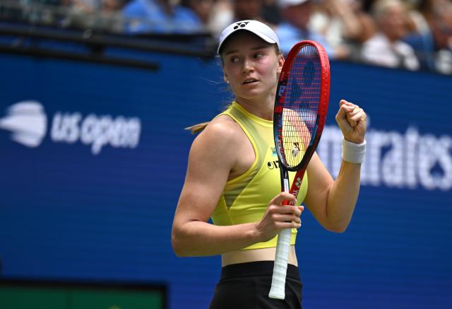 (260910) -- NEW YORK, Sept. 10, 2026 (Xinhua) -- Elena Rybakina celebrates after winning the women's singles quarterfinal between Elena Rybakina of Kazakhstan and Zheng Qinwen of China at the 2026 US Open tennis championships in New York, the United States, Sept. 9, 2026. (Xinhua/Li Rui)