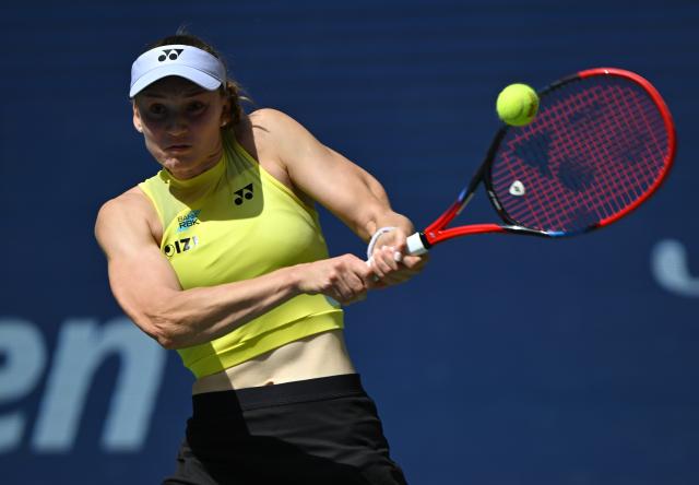 (260910) -- NEW YORK, Sept. 10, 2026 (Xinhua) -- Elena Rybakina hits a return during the women's singles quarterfinal between Elena Rybakina of Kazakhstan and Zheng Qinwen of China at the 2026 US Open tennis championships in New York, the United States, Sept. 9, 2026. (Xinhua/Li Rui)