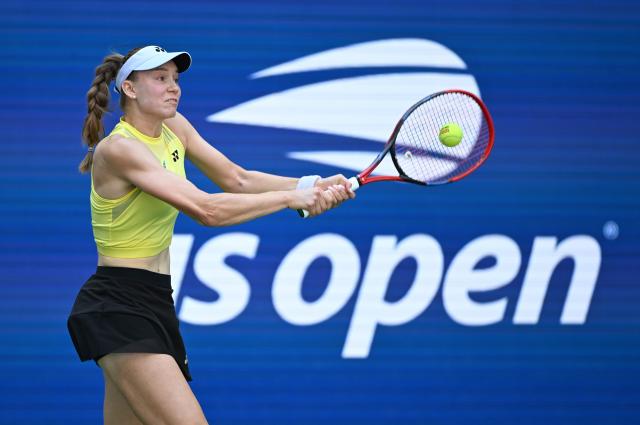 (260910) -- NEW YORK, Sept. 10, 2026 (Xinhua) -- Elena Rybakina hits a return during the women's singles quarterfinal between Elena Rybakina of Kazakhstan and Zheng Qinwen of China at the 2026 US Open tennis championships in New York, the United States, Sept. 9, 2026. (Xinhua/Li Rui)