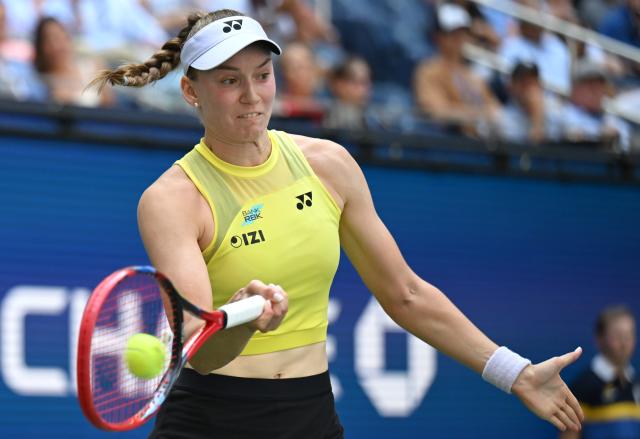 (260910) -- NEW YORK, Sept. 10, 2026 (Xinhua) -- Elena Rybakina hits a return during the women's singles quarterfinal between Elena Rybakina of Kazakhstan and Zheng Qinwen of China at the 2026 US Open tennis championships in New York, the United States, Sept. 9, 2026. (Xinhua/Li Rui)