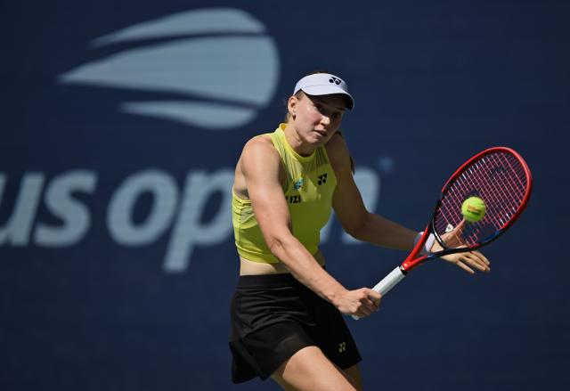 (260910) -- NEW YORK, Sept. 10, 2026 (Xinhua) -- Elena Rybakina hits a return during the women's singles quarterfinal between Elena Rybakina of Kazakhstan and Zheng Qinwen of China at the 2026 US Open tennis championships in New York, the United States, Sept. 9, 2026. (Xinhua/Li Rui)