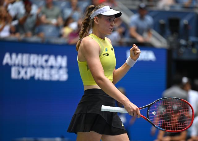 (260910) -- NEW YORK, Sept. 10, 2026 (Xinhua) -- Elena Rybakina celebrates after winning the women's singles quarterfinal between Elena Rybakina of Kazakhstan and Zheng Qinwen of China at the 2026 US Open tennis championships in New York, the United States, Sept. 9, 2026. (Xinhua/Li Rui)