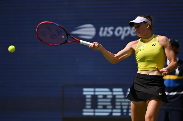(260910) -- NEW YORK, Sept. 10, 2026 (Xinhua) -- Elena Rybakina hits a return during the women's singles quarterfinal between Elena Rybakina of Kazakhstan and Zheng Qinwen of China at the 2026 US Open tennis championships in New York, the United States, Sept. 9, 2026. (Xinhua/Li Rui)
