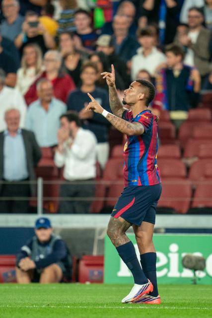 (260910) -- BARCELONA, Sept. 10, 2026 (Xinhua) -- FC Barcelona's Gabriel Jesus celebrates his goal during the UEFA Champions League match between FC Barcelona and Feyenoord in Barcelona, Spain, on Sept. 9, 2026. (Photo by Joan Gosa/Xinhua)