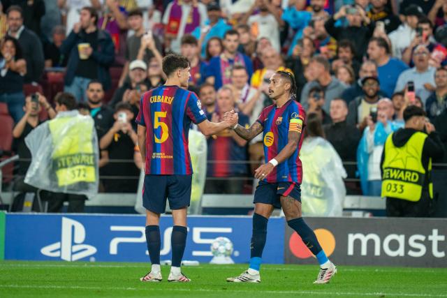 (260910) -- BARCELONA, Sept. 10, 2026 (Xinhua) -- FC Barcelona's Raphinha (R) celebrates his goal with teammate Pau Cubarsi during the UEFA Champions League match between FC Barcelona and Feyenoord in Barcelona, Spain, on Sept. 9, 2026. (Photo by Joan Gosa/Xinhua)