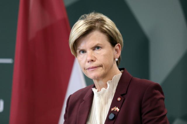 (260910) -- RIGA, Sept. 10, 2026 (Xinhua) -- Latvian Foreign Minister Baiba Braze reacts during a press conference at the Adazi Military Base in Adazi, Latvia, Sept. 9, 2026. Latvia hosted a series of European foreign ministers on Wednesday, with NATO's eastern flank security, protection of the European Union's eastern border and continued support for Ukraine high on the agenda, according to the Latvian Foreign Ministry. (Photo by Edijs Palens/Xinhua)