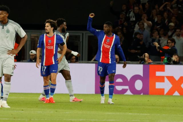 (260910) -- PARIS, Sept. 10, 2026 (Xinhua) -- PSG's Ousmane Dembele (1st R) celebrates during the Champion's League first round soccer game between Paris Saint-Germain (PSG) and Slovan Bratislava in Parc des Princes Stadium, Paris, France, Sept. 9, 2026. (Photo by Henri Szwarc/Xinhua)
