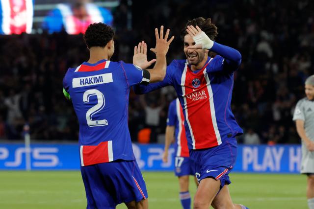 (260910) -- PARIS, Sept. 10, 2026 (Xinhua) -- PSG's Ferran Torres (R) celebrates during the Champion's League first round soccer game between Paris Saint-Germain (PSG) and Slovan Bratislava in Parc des Princes Stadium, Paris, France, Sept. 9, 2026. (Photo by Henri Szwarc/Xinhua)