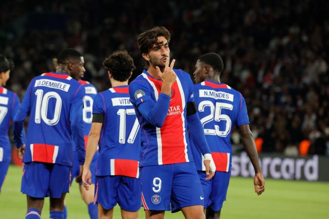 (260910) -- PARIS, Sept. 10, 2026 (Xinhua) -- PSG's Ferran Torres celebrates during the Champion's League first round soccer game between Paris Saint-Germain (PSG) and Slovan Bratislava in Parc des Princes Stadium, Paris, France, Sept. 9, 2026. (Photo by Henri Szwarc/Xinhua)