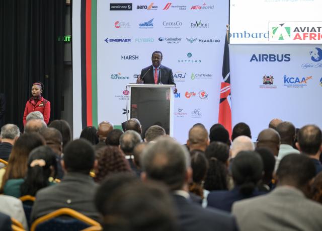 (260910) -- NAIROBI, Sept. 10, 2026 (Xinhua) -- Musalia Mudavadi, Kenya's prime cabinet secretary and cabinet secretary for foreign and diaspora affairs, addresses the opening ceremony of the 10th Aviation Africa Summit and Exhibition in Nairobi, Kenya, Sept. 9, 2026. The 10th Aviation Africa Summit and Exhibition, held Wednesday and Thursday in Nairobi, the Kenyan capital, brought together about 2,500 delegates from more than 100 countries, including representatives from 135 airlines and aviation operators. (Xinhua/Yang Guang)