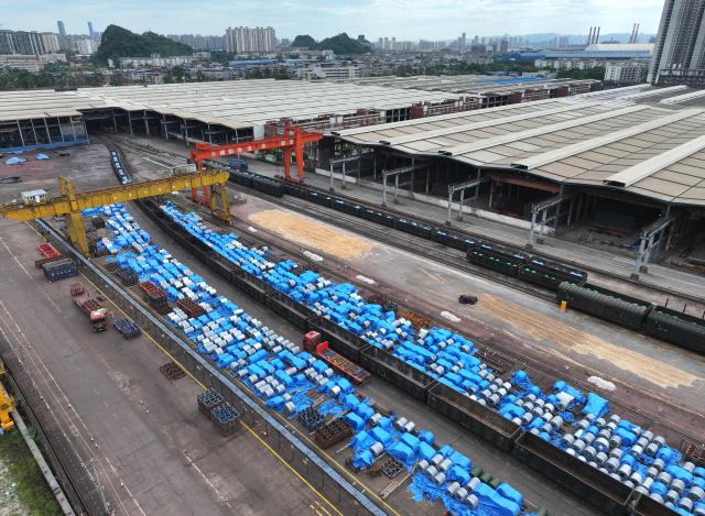 (260910) -- NANNING, Sept. 10, 2026 (Xinhua) -- An aerial drone photo taken on Sept. 3, 2026 shows products awaiting loading at a steel deep processing and logistics industrial park in Liuzhou City, south China's Guangxi Zhuang Autonomous Region. Pinglu Canal in south China's Guangxi Zhuang Autonomous Region will become operational on Sept. 16. The 134.2-km canal links the Xijiang River shipping route in the north with the Beibu Gulf in the south. It is China's first major river-to-sea canal project that has been planned and coordinated at the national level since 1949.
   Centering the Pinglu Canal Economic Belt as its main artery, Guangxi focuses on large-capacity, port and waterway-related industries. It builds port-adjacent parks along the canal tailored to local conditions, forming industrial clusters that support upstream and downstream industries and foster collaboration among large, medium, and small enterprises.
   Across Guangxi, localities leverage their own resources to position themselves within a maritime-oriented industrial layout, advancing the high-quality development of the marine economy. (Xinhua/Huang Xiaobang)