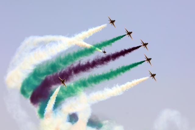 (260910) -- EL DABAA, Sept. 10, 2026 (Xinhua) -- The Royal Saudi Air Force aerobatic team "Saudi Hawks" performs during the El Alamein International Airshow at El Alamein International Airport in El Dabaa, Egypt, Sept. 10, 2026. The three-day event features aircraft exhibitions, flying displays, and an exhibition of aerospace, defense, and space products and services, according to the show's official website. (Xinhua/Ahmed Gomaa)