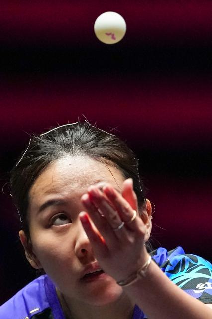 (260912) -- MACAO, Sept. 12, 2026 (Xinhua) -- Chen Xingtong serves during the women's singles quarterfinal match between Chen Xingtong of China and Dina Meshref of Egypt at the 2026 World Table Tennis (WTT) Champions Macao in Macao, south China, Sept. 12, 2026. (Xinhua/Cheong Kam Ka)