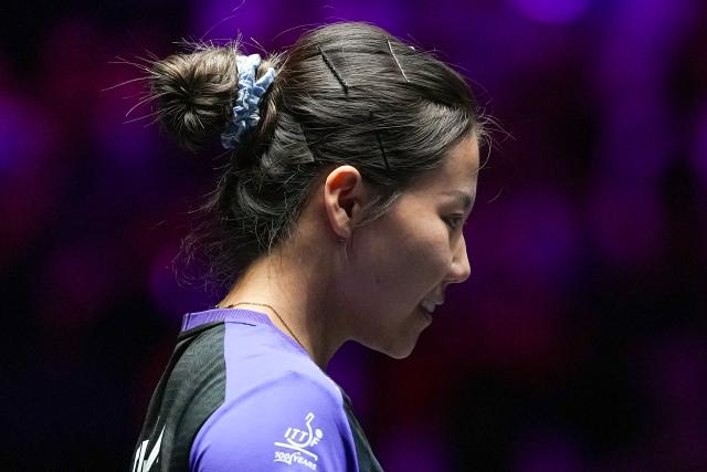(260912) -- MACAO, Sept. 12, 2026 (Xinhua) -- Chen Xingtong reacts during the women's singles quarterfinal match between Chen Xingtong of China and Dina Meshref of Egypt at the 2026 World Table Tennis (WTT) Champions Macao in Macao, south China, Sept. 12, 2026. (Xinhua/Cheong Kam Ka)