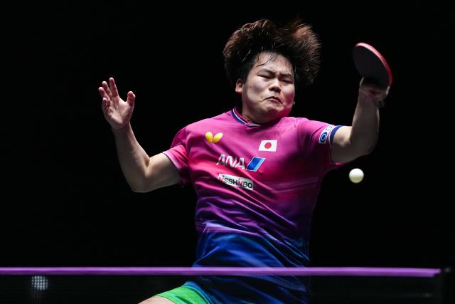 (260912) -- MACAO, Sept. 12, 2026 (Xinhua) -- Matsushima Sora competes during the men's singles quarterfinal match between Hugo Calderano of Brazil and Matsushima Sora of Japan at the 2026 World Table Tennis (WTT) Champions Macao in Macao, south China, Sept. 12, 2026. (Xinhua/Cheong Kam Ka)