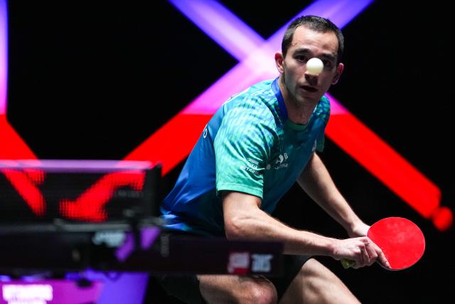 (260912) -- MACAO, Sept. 12, 2026 (Xinhua) -- Hugo Calderano competes during the men's singles quarterfinal match between Hugo Calderano of Brazil and Matsushima Sora of Japan at the 2026 World Table Tennis (WTT) Champions Macao in Macao, south China, Sept. 12, 2026. (Xinhua/Cheong Kam Ka)