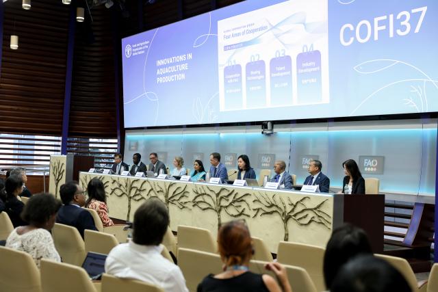 (260912) -- ROME, Sept. 12, 2026 (Xinhua) -- People attend a side event titled "Innovations in Aquaculture Production" during the 37th Session of the Committee on Fisheries of the Food and Agriculture Organization of the United Nations (FAO), in Rome, Italy, Sept. 8, 2026. TO GO WITH "Roundup: Chinese practices offer insights into sustainable fisheries development" (Xinhua/Li Jing)