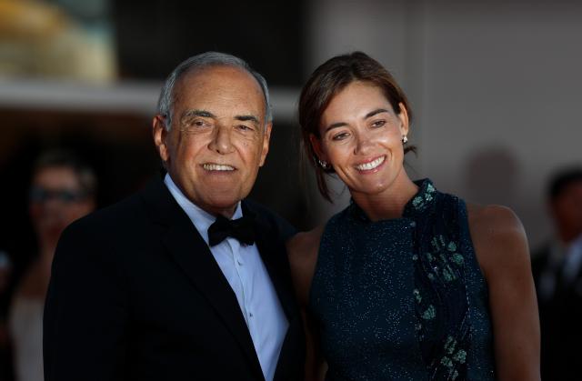 (260912) -- VENICE, Sept. 12, 2026 (Xinhua) -- Alberto Barbera (L), artistic director of the 83rd Venice Film Festival, poses with his wife at the red carpet of the 83rd Venice International Film Festival closing ceremony in Venice, Italy, Sept. 12, 2026. (Xinhua/Wang Kaiyan)