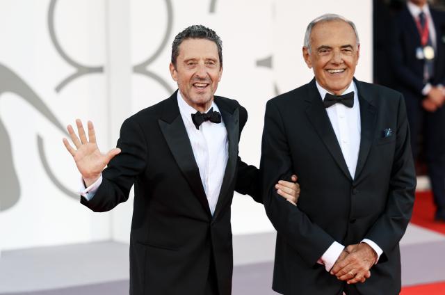 (260912) -- VENICE, Sept. 12, 2026 (Xinhua) -- Pietrangelo Buttafuoco (L), President of the 83rd Venice International Film Festival and Alberto Barbera, artistic director of the 83rd Venice International Film Festival, pose at the red carpet of the 83rd Venice International Film Festival closing ceremony in Venice, Italy, Sept. 12, 2026. (Xinhua/Wang Kaiyan)