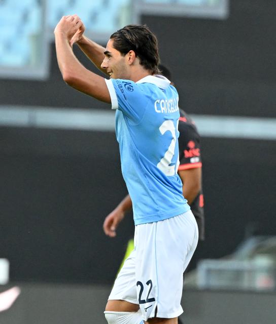 (260913) -- ROME, Sept. 13, 2026 (Xinhua) -- Lazio's Matteo Cancellieri celebrates his goal during a Serie A football match between Lazio and AC Milan in Rome, Italy, Sept. 12, 2026. (Photo by Alberto Lingria/Xinhua)