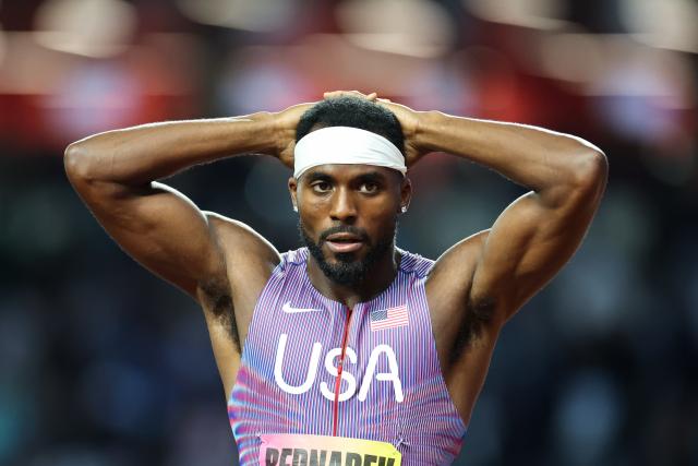 (260913) -- BUDAPEST, Sept. 13, 2026 (Xinhua) -- Kenneth Bednarek of the United States reacts after the men's 100 meters race at the World Athletics Ultimate Championship in Budapest, Hungary, Sept. 12, 2026. (Xinhua/Hu Zhixuan)