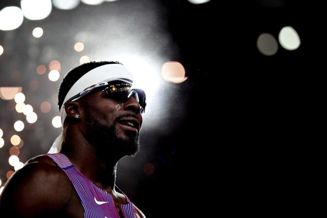 (260913) -- BUDAPEST, Sept. 13, 2026 (Xinhua) -- Kenneth Bednarek of the United States reacts during the awarding ceremony of the men's 100 meters race at the World Athletics Ultimate Championship in Budapest, Hungary, Sept. 12, 2026. (Photo by David Balogh/Xinhua)