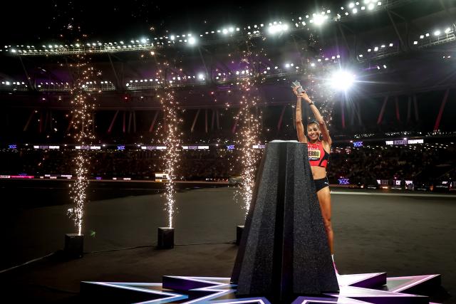 (260913) -- BUDAPEST, Sept. 13, 2026 (Xinhua) -- Audrey Werro of Switzerland reacts during the awarding ceremony for the women's 800 meters race at the World Athletics Ultimate Championship in Budapest, Hungary, Sept. 12, 2026. (Photo by David Balogh/Xinhua)