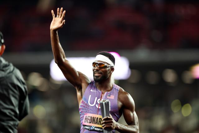 (260913) -- BUDAPEST, Sept. 13, 2026 (Xinhua) -- Kenneth Bednarek of the United States reacts after the awarding ceremony of the men's 100 meters race at the World Athletics Ultimate Championship in Budapest, Hungary, Sept. 12, 2026. (Xinhua/Hu Zhixuan)