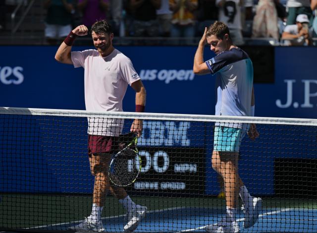 (260913) -- NEW YORK, Sept. 13, 2026 (Xinhua) -- Christian Harrison (L)/Neal Skupski celebrate after winning the men's doubles final match between Christian Harrison (the United States)/Neal Skupski (Britain) and Kevin Krawietz/Tim Puetz of Germany at the 2026 US Open tennis championships in New York, the United States, Sept. 12, 2026. (Xinhua/Li Rui)