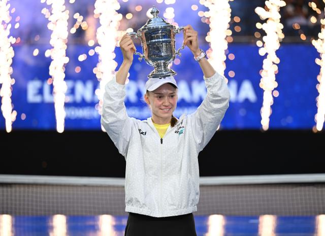 (260913) -- NEW YORK, Sept. 13, 2026 (Xinhua) -- Elena Rybakina of Kazakhstan celebrates during the awarding ceremony for the women's singles final match between Aryna Sabalenka of Belarus and Elena Rybakina of Kazakhstan at the 2026 US Open tennis championships in New York, the United States, Sept. 12, 2026. (Xinhua/Li Rui)