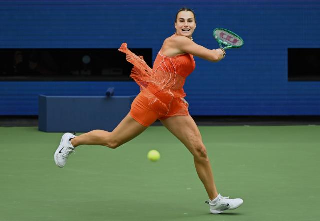 (260913) -- NEW YORK, Sept. 13, 2026 (Xinhua) -- Aryna Sabalenka of Belarus competes during the women's singles final match between Aryna Sabalenka of Belarus and Elena Rybakina of Kazakhstan at the 2026 US Open tennis championships in New York, the United States, Sept. 12, 2026. (Xinhua/Li Rui)