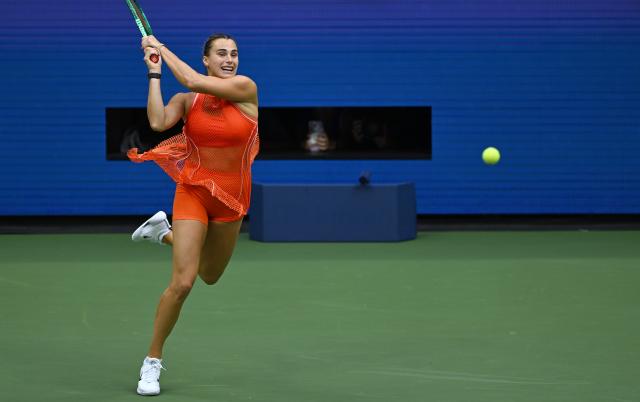 (260913) -- NEW YORK, Sept. 13, 2026 (Xinhua) -- Aryna Sabalenka of Belarus competes during the women's singles final match between Aryna Sabalenka of Belarus and Elena Rybakina of Kazakhstan at the 2026 US Open tennis championships in New York, the United States, Sept. 12, 2026. (Xinhua/Li Rui)